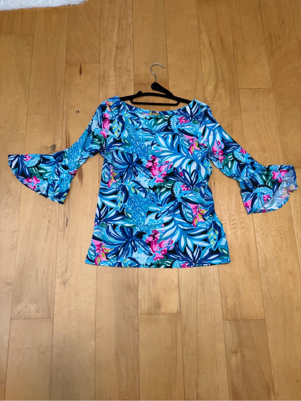 Lilly Pulitzer Blue Floral Bell-Sleeve Tunic with Pink Accents
